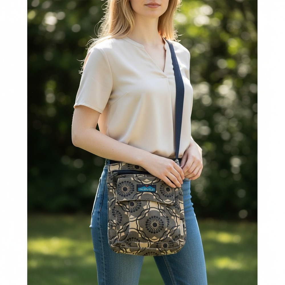 KAVU Crossbody Bag Women Small Brown Floral Canvas Limited Edition Travel Purse